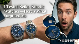 Front view of a Seiko Premier Kinetic Perpetual Calendar watch with sapphire crystal, displaying the date and day in a sleek silver case, symbolizing precision and long-term accuracy.
