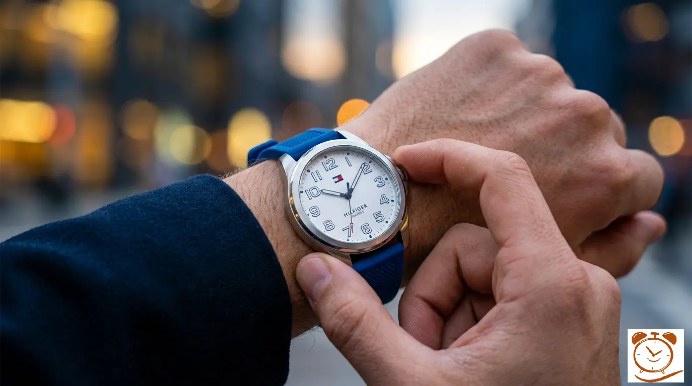 Tommy Hilfiger men's watch with red-white-blue dial, stainless steel band, and bold 'T' logo – stylish American fashion timepiece