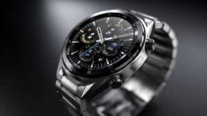 Haino Teko smart watch in workout mode tracking steps, calories, and heart rate during outdoor run