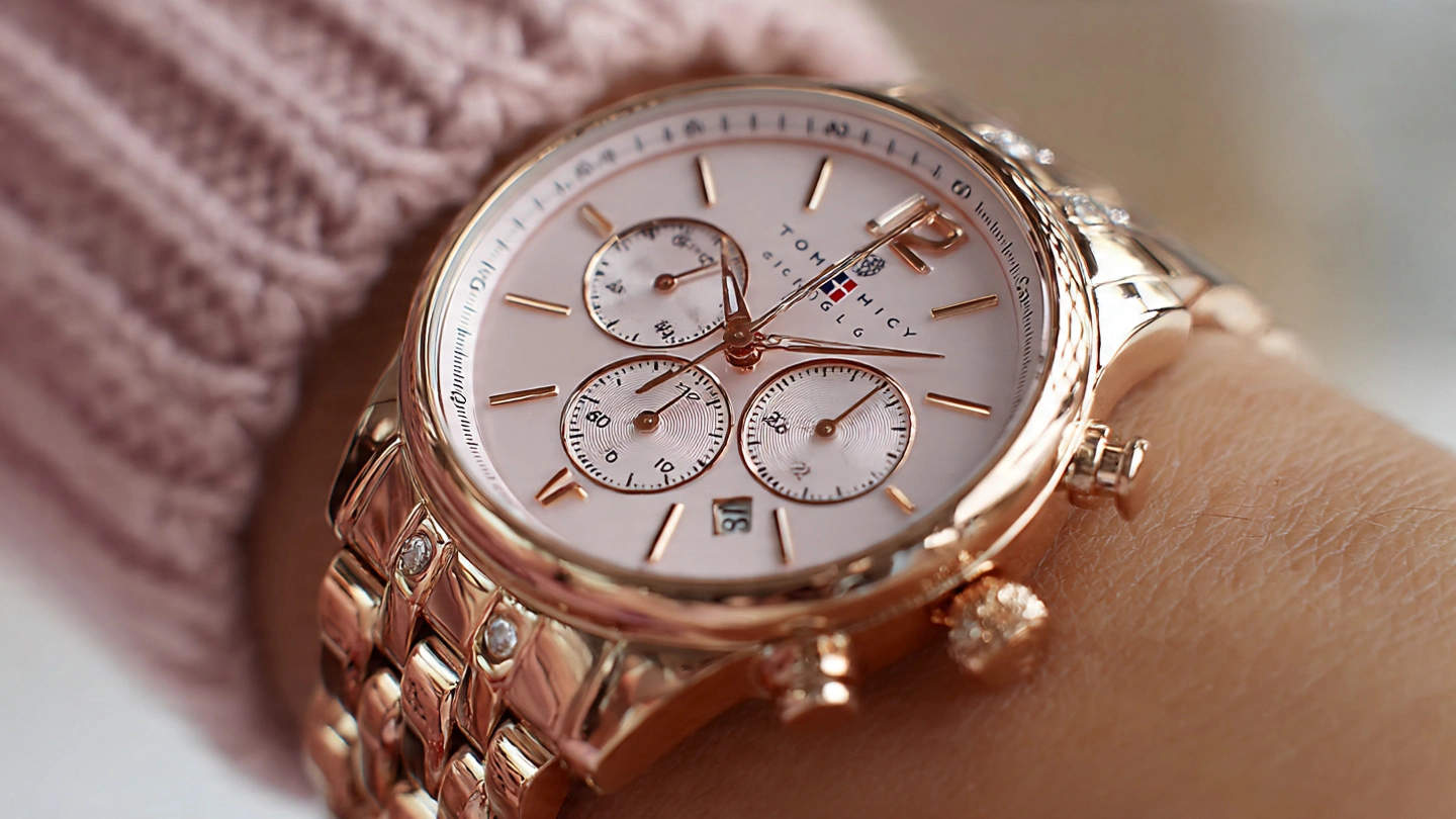 Elegant Tommy Hilfiger rose gold watch with 38mm stainless steel case and matching bracelet on a woman’s wrist