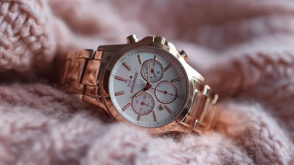 Stylish woman wearing a Tommy Hilfiger rose gold watch with a pantsuit and rose gold earrings for office look