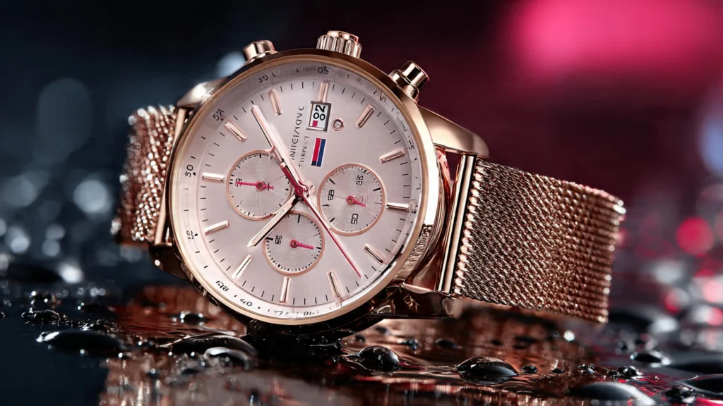 Collection of Tommy Hilfiger rose gold watches in different strap styles: leather, stainless steel, and floral dial