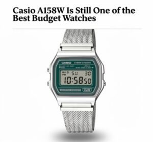 Casio A158W digital watch with stainless steel bracelet on a white background, showing the clear LCD display and retro design.