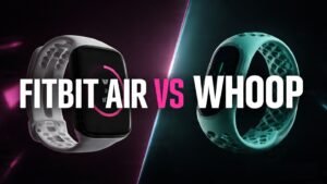 Split image comparing the Whoop MG and Google Fitbit Air trackers, illustrating the difference in size and design between the two screenless devices.