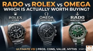comparison of a Rado True Square ceramic watch, a Rolex Submariner, and an Omega Speedmaster Moonwatch, highlighting their distinct designs and materials.
