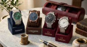 Close-up of Tissot, Longines, and Omega watches highlighting dial details and premium craftsmanship