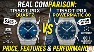 Wrist shot of a man wearing both watches side by side to show the visual differences between the Tissot PRX Quartz and Tissot PRX Powermatic 80.
