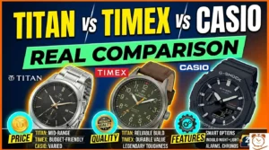 comparison of Titan vs Timex vs Casio watch brand logos representing the ultimate watch showdown.