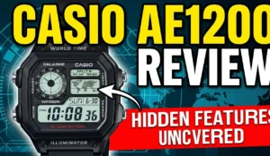 Front view of the black Casio AE1200 watch showing
